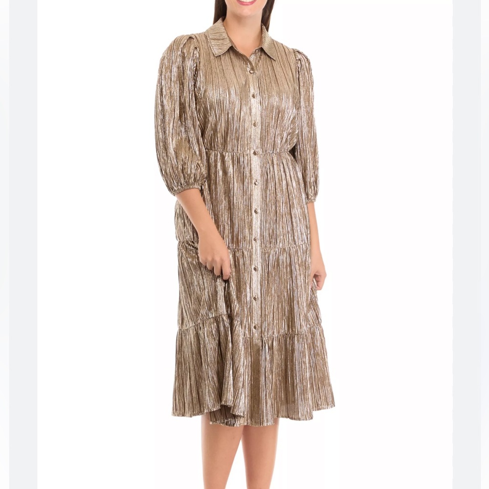 Crown & Ivy Women’s Buttons Tiered Metallic Midi Dress 1X Modest Puff Sleeve